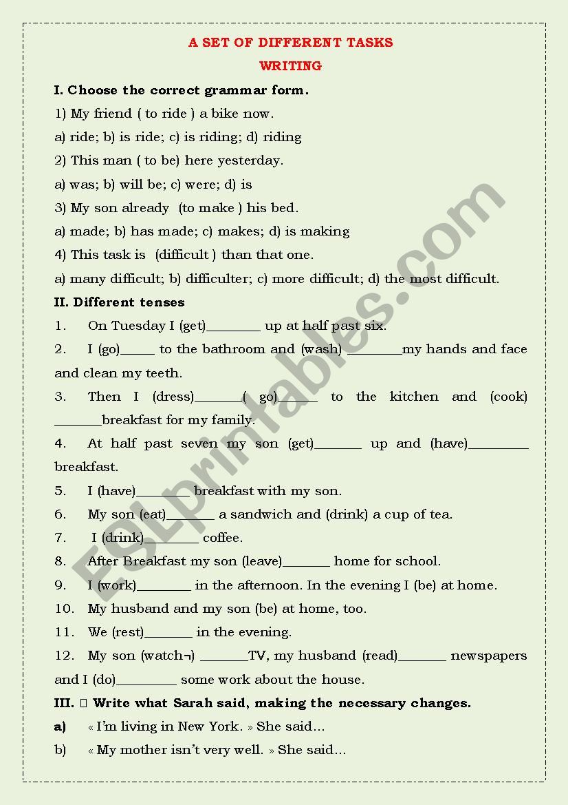 A SET OF DIFFERENT TASKS worksheet