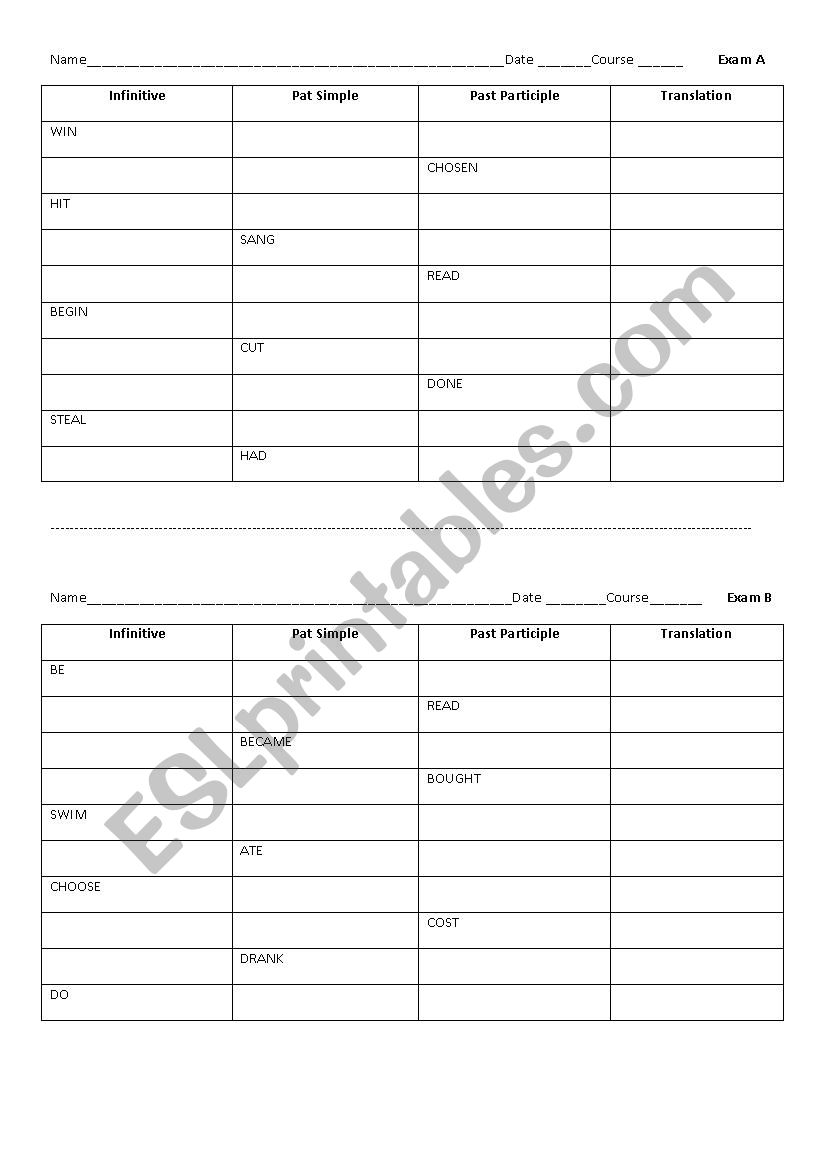 Irregular Verbs EXAM worksheet