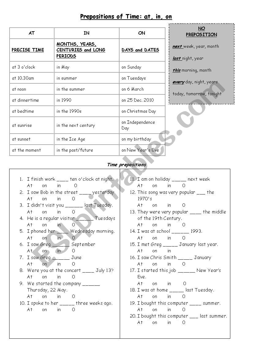 prepositions of time and place