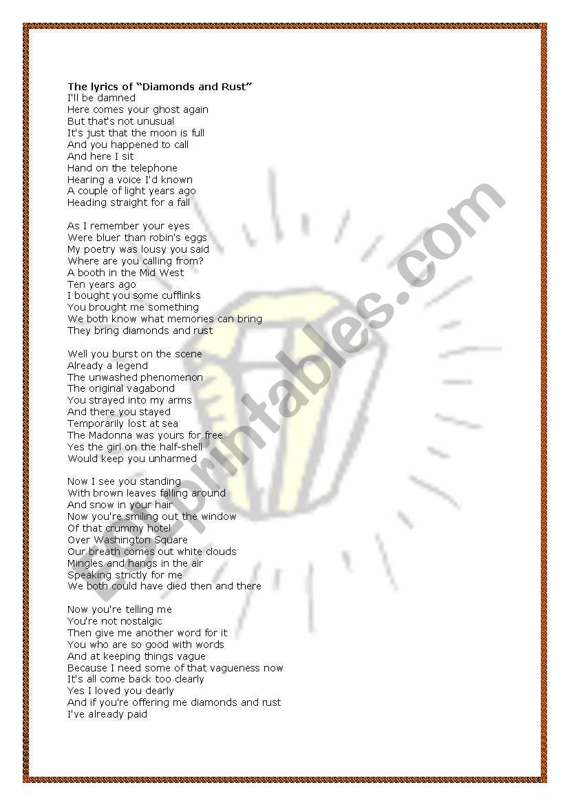 diamonds and rust by joan baez esl worksheet by jujuka another word for rust