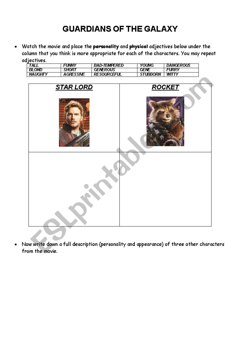 Guardians of the galaxy movie worksheet