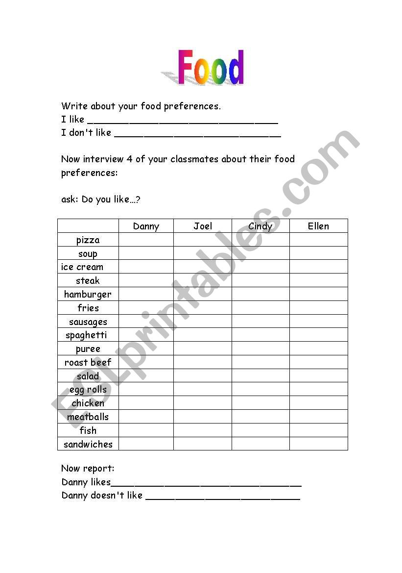 food preferences worksheet