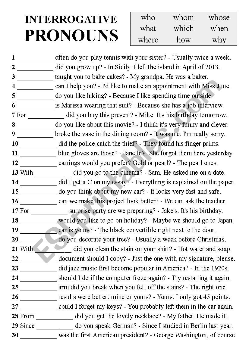 Interrogative Pronouns answer Key ESL Worksheet By EvaLore