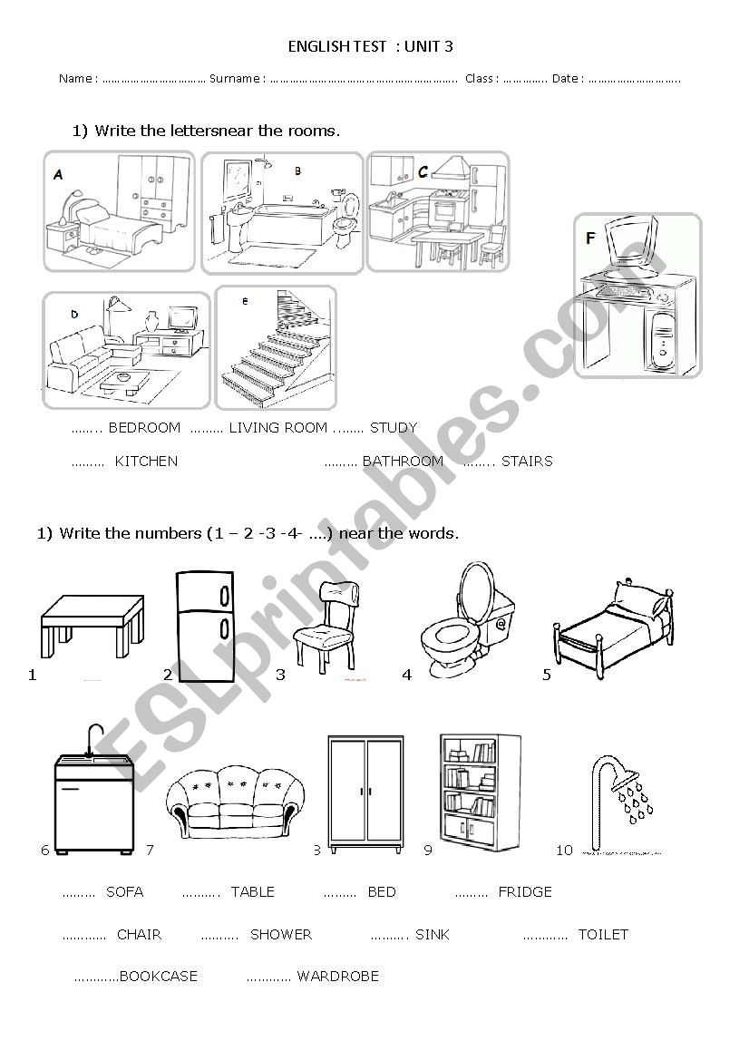 House and furniture worksheet