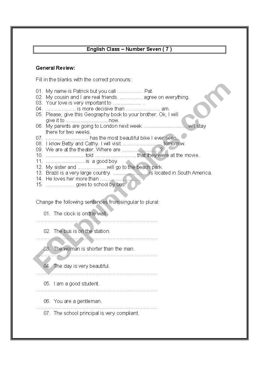 English class worksheet