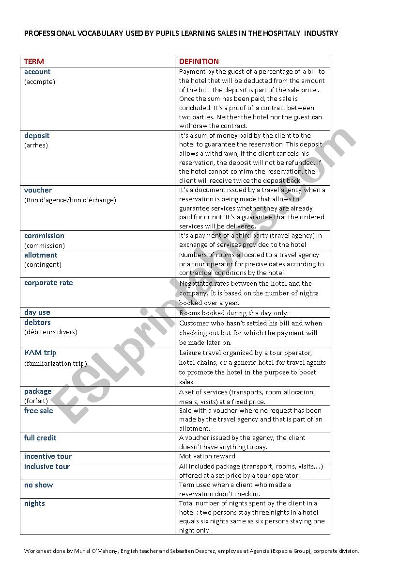 sales vocabulary in the hospitality industry