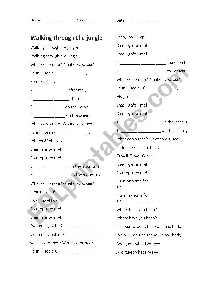 Walking Through The Jungle Song Esl Worksheet By Santignasi