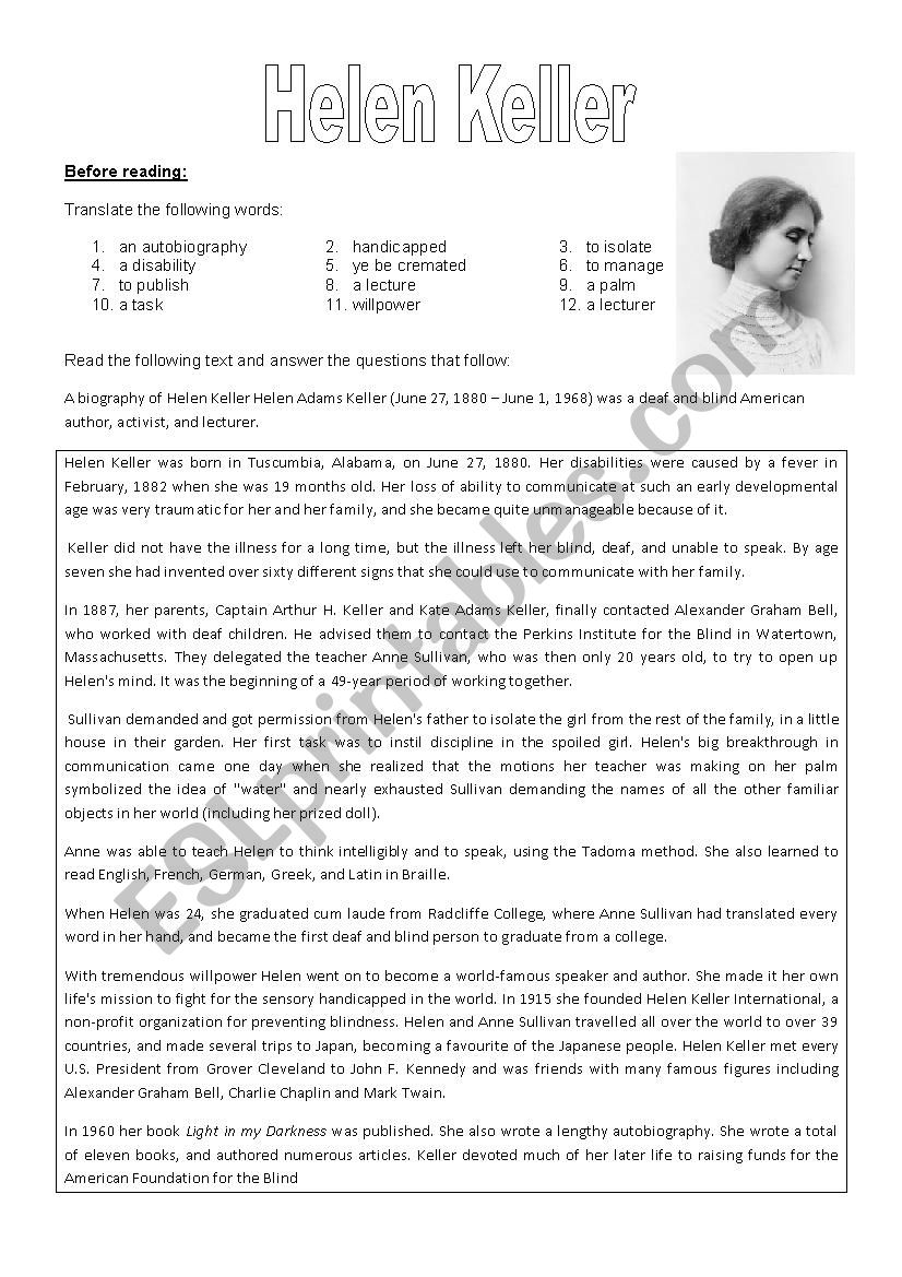 Helen Keller worksheet