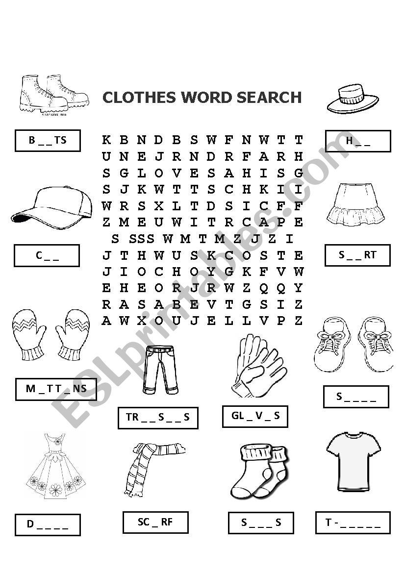 Clothes Word Search worksheet