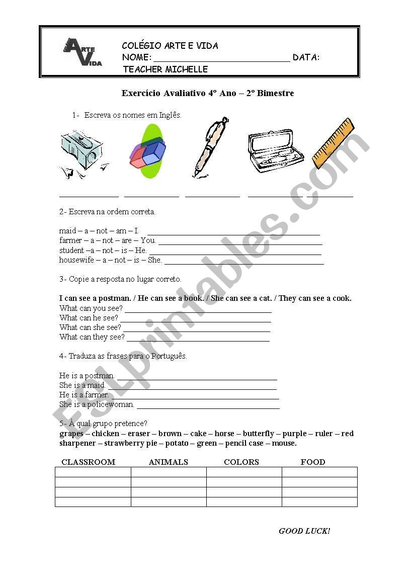 School objects worksheet