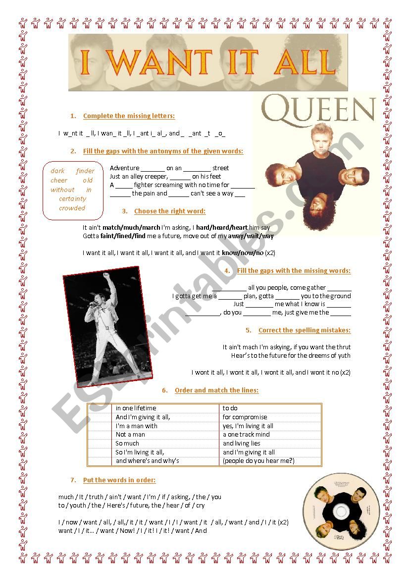 Song: I want it all - Queen worksheet