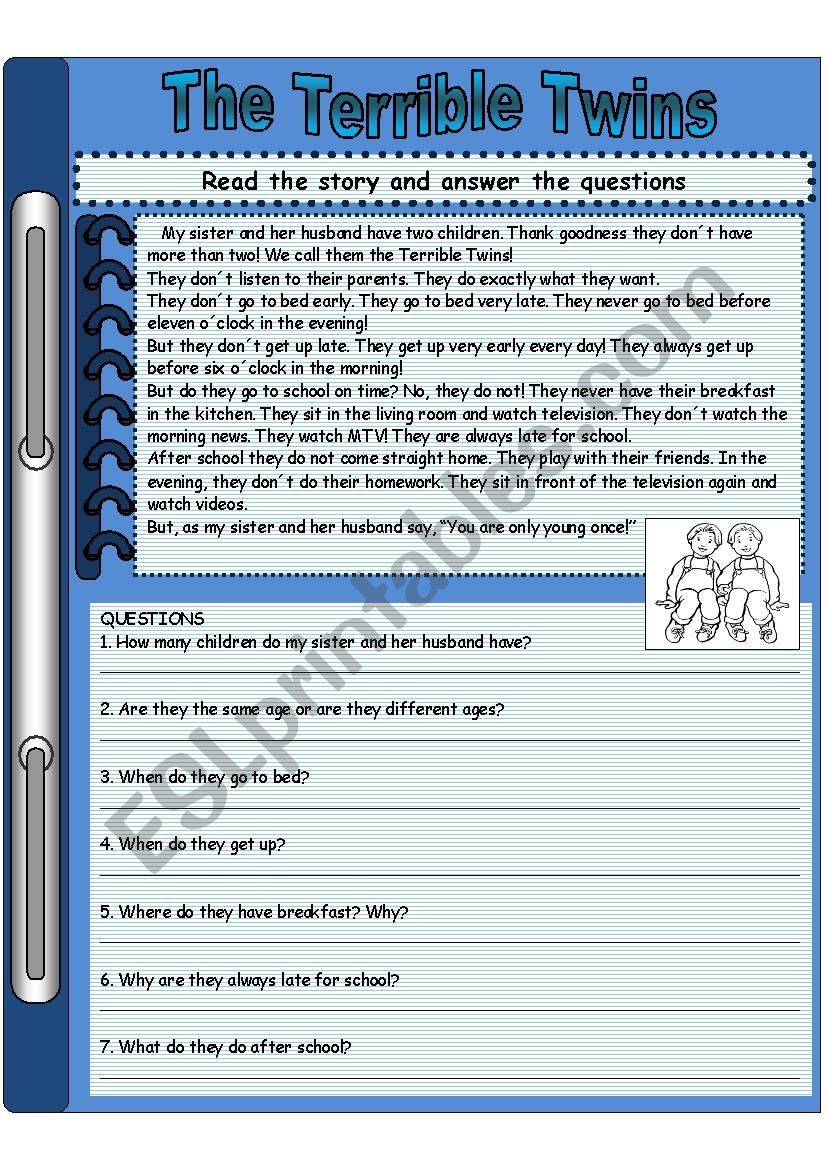 The Terrible Twins Reading Comprehension Esl Worksheet By Mariana Perez