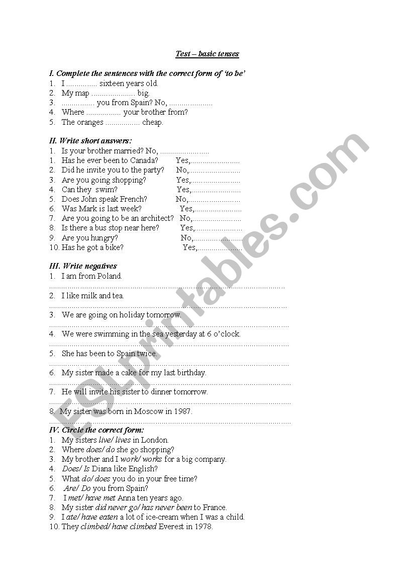 test basic tenses worksheet