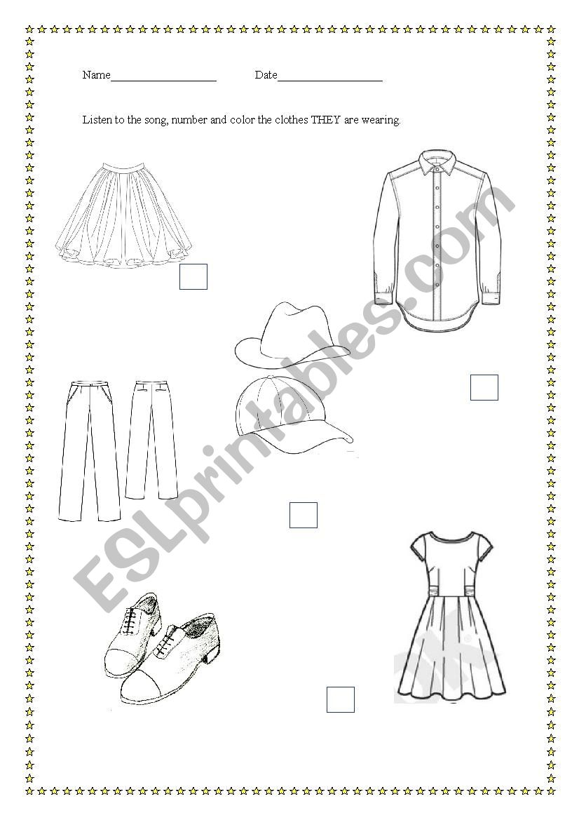 Listening clothing song worksheet