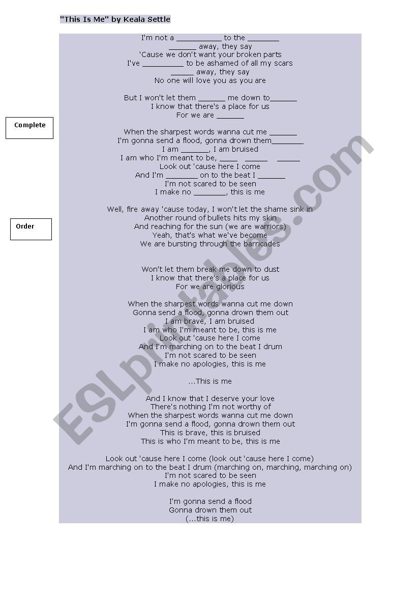 This is me by Keala Settle song worksheet