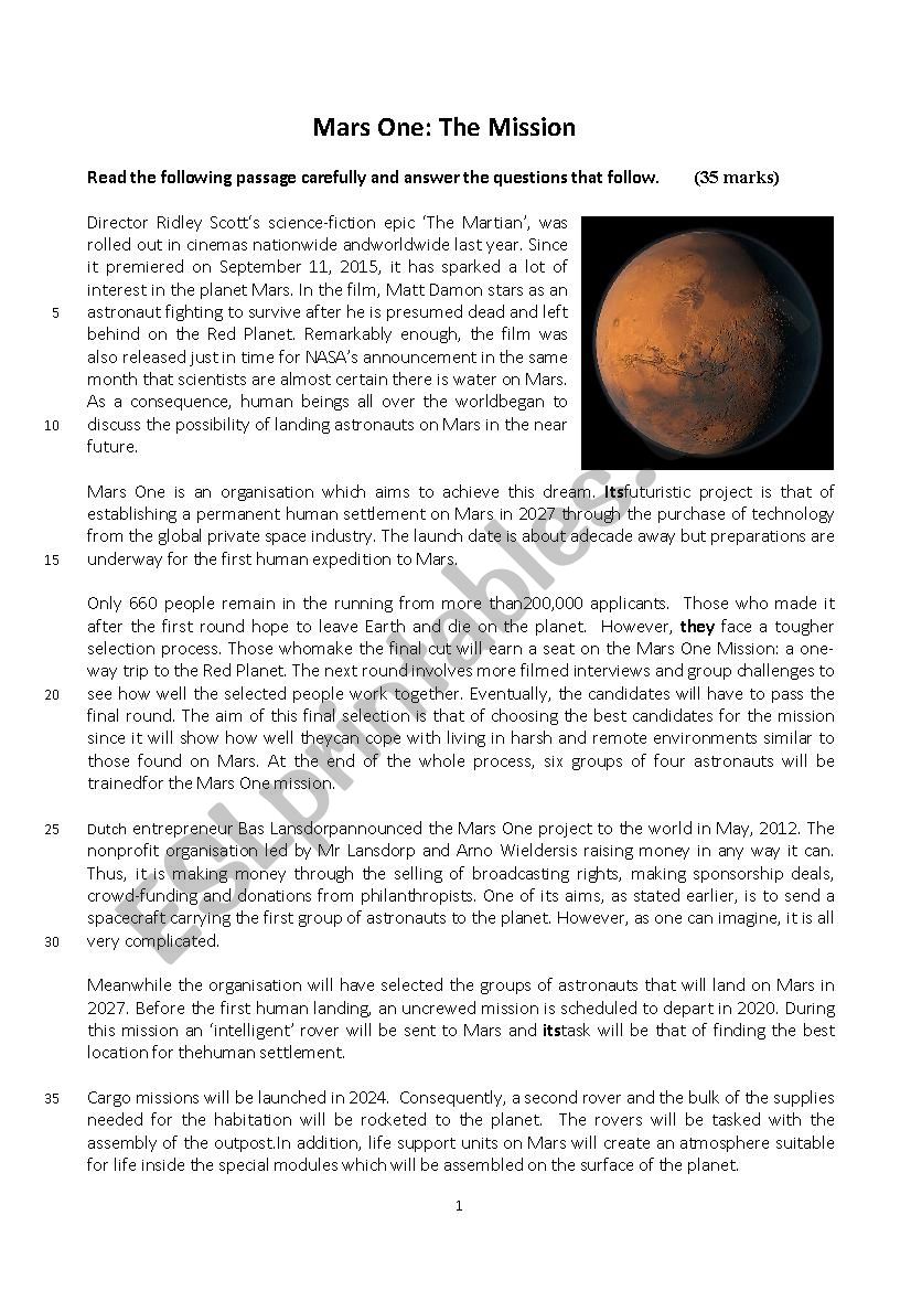 Mars: the Mission worksheet