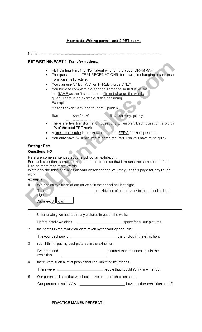 How to write part 1 and 2 PET cambridge exam