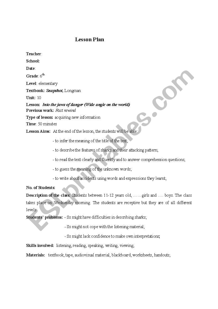 Into the jaws of danger worksheet