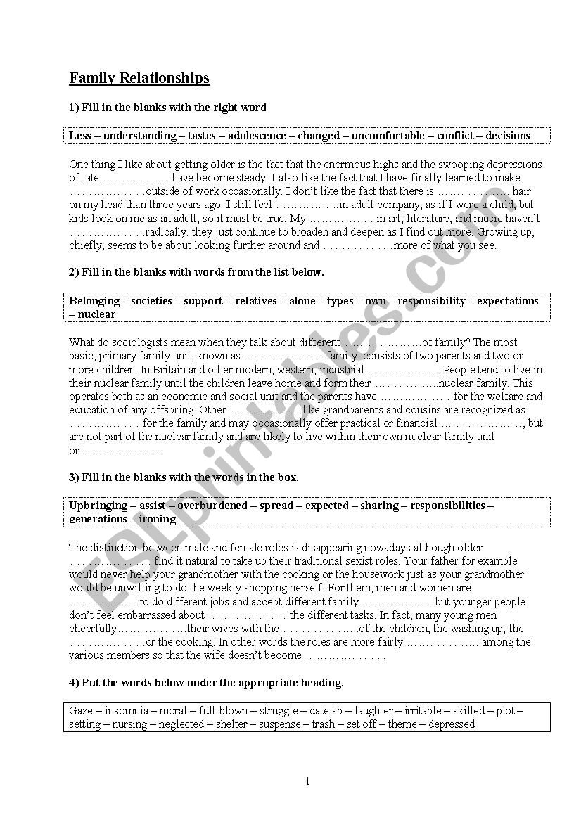 Family relationships revision exercises