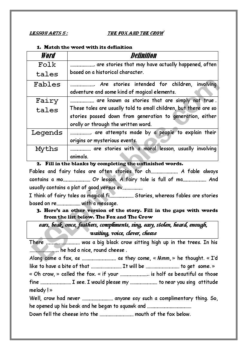 the fox and the crow  worksheet