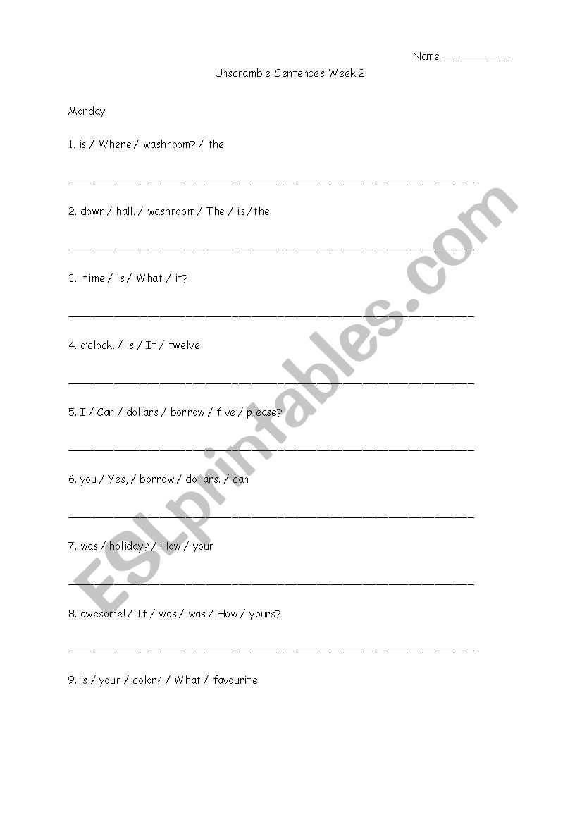 Unscramble Sentences  worksheet