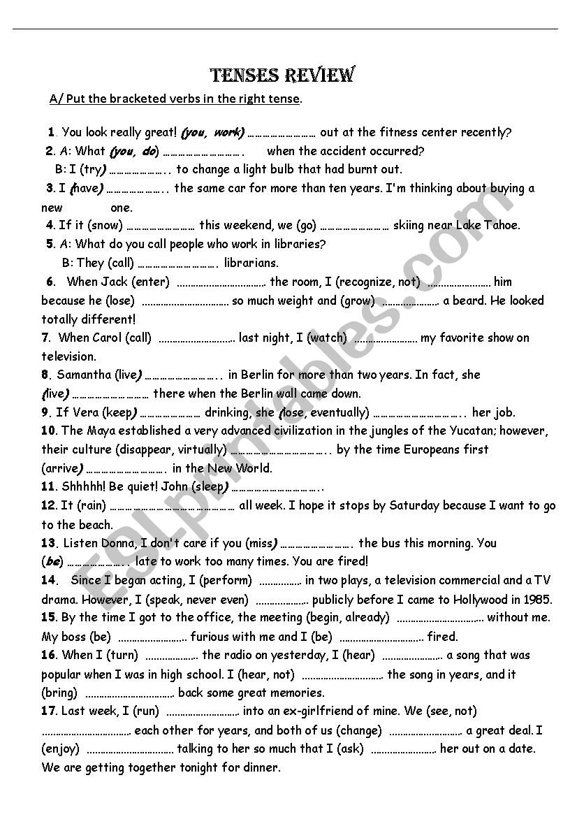 tenses review  worksheet