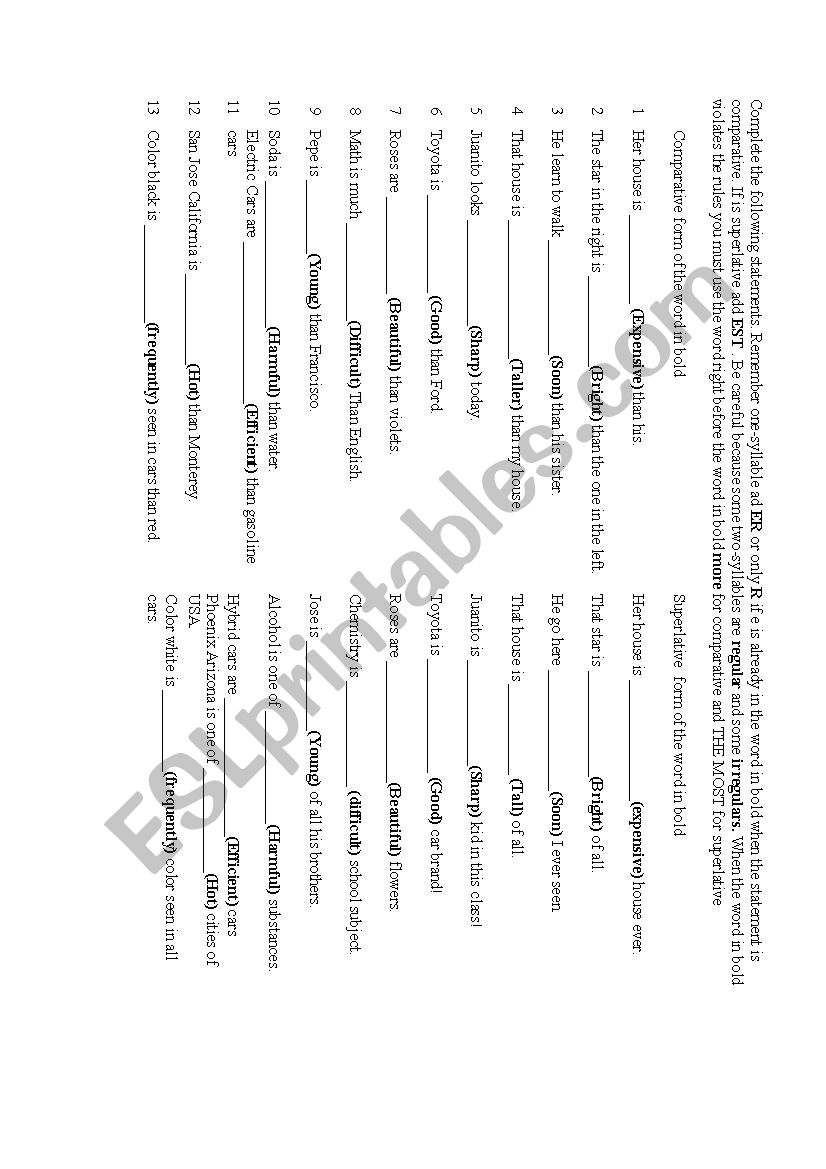 Superlative Comparative worksheet