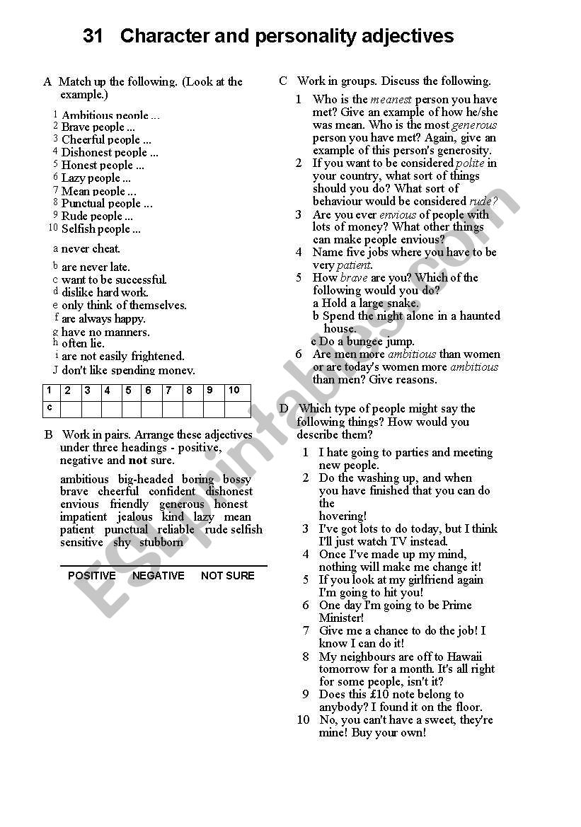 Character adjectives worksheet