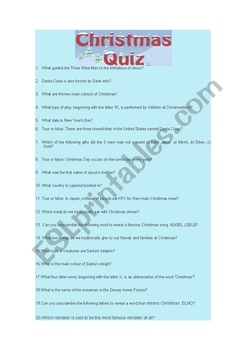 Christmas quiz with answers worksheet