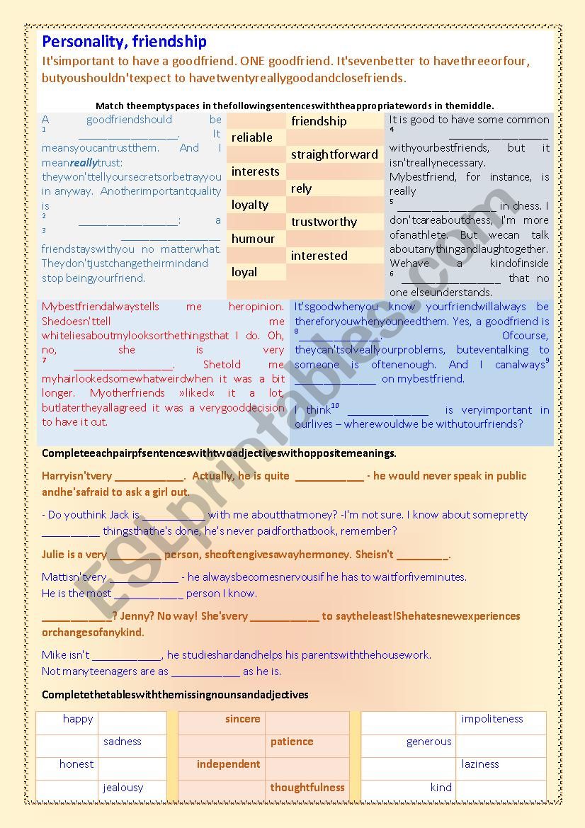 Personality, friendship worksheet