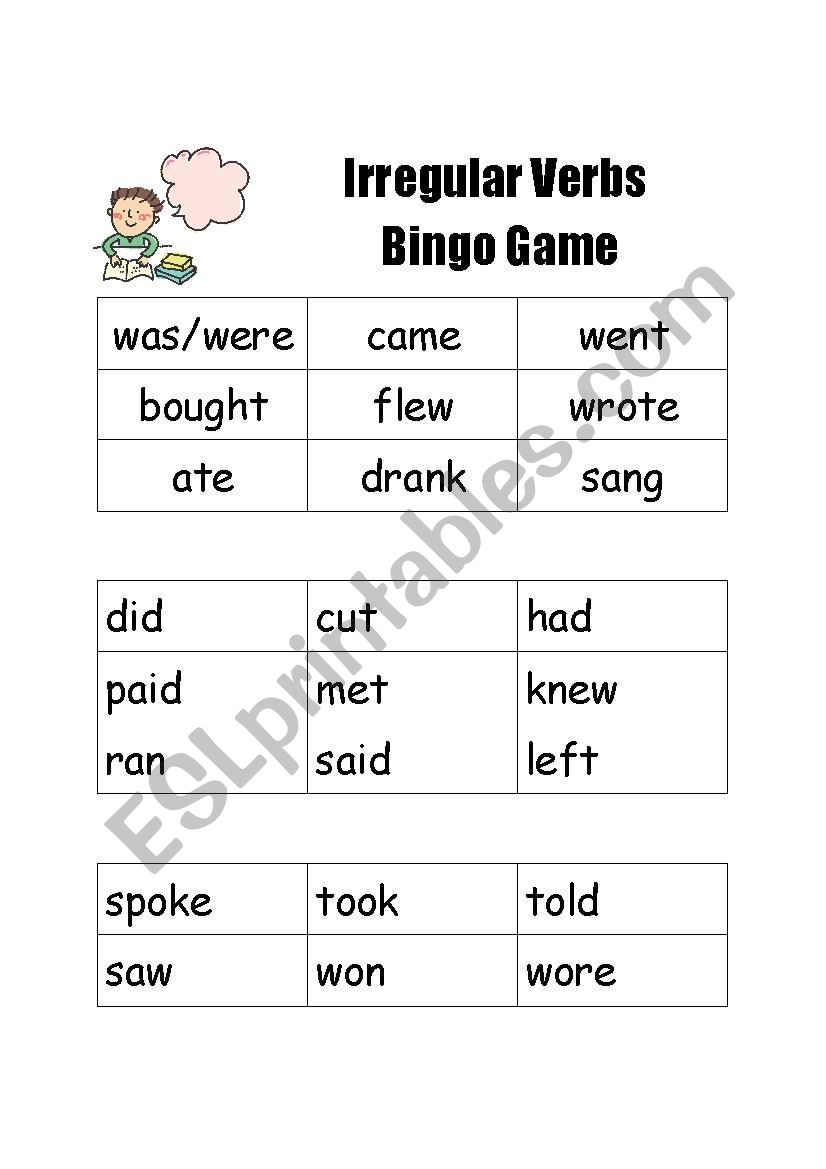 Irregular Verbs Bingo Game worksheet