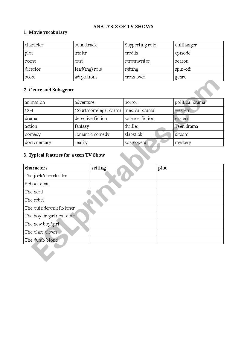 Analyzing TV Shows worksheet