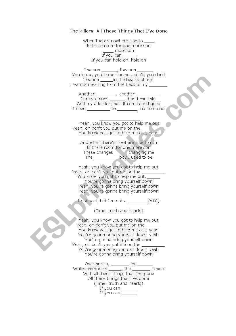 The Killers, song worksheet