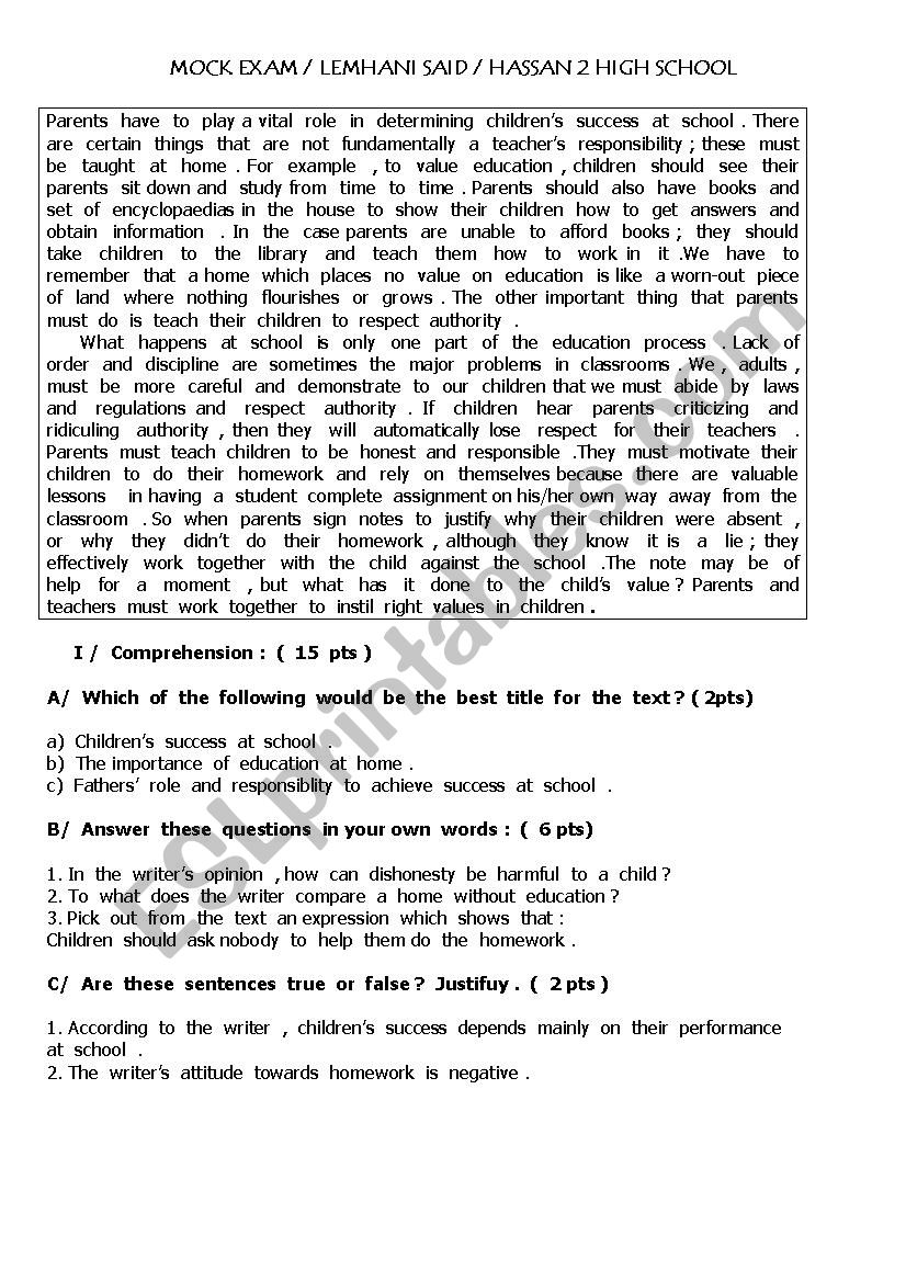 Parents and child education worksheet