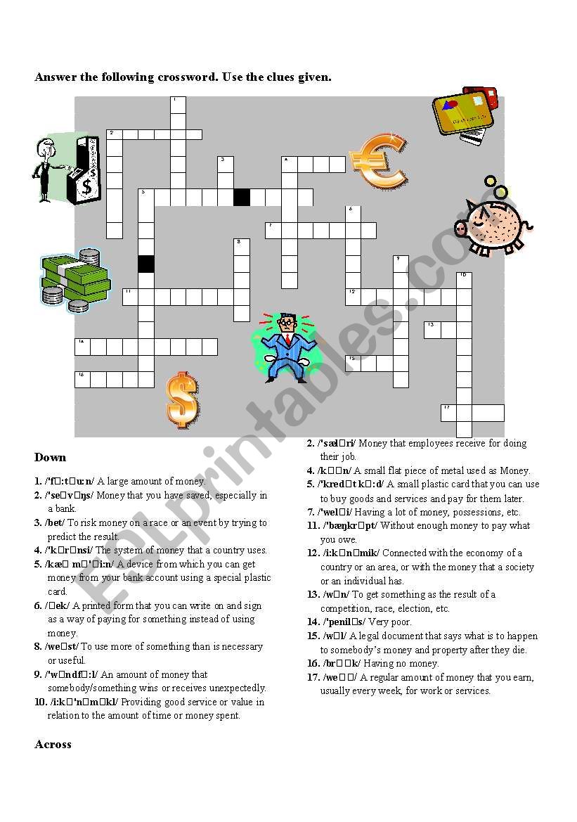 Crossword Money worksheet