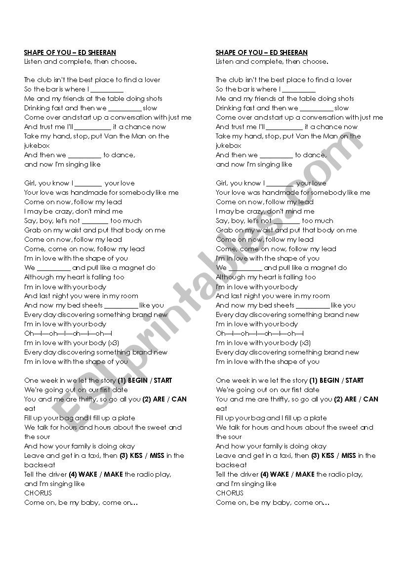 Shape of you, ed sheeran worksheet