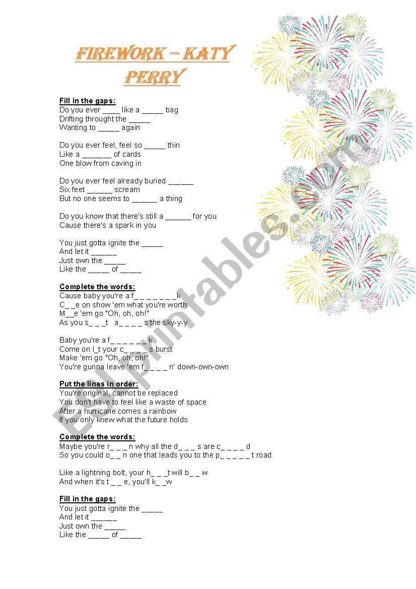 firework song by katy perry worksheet