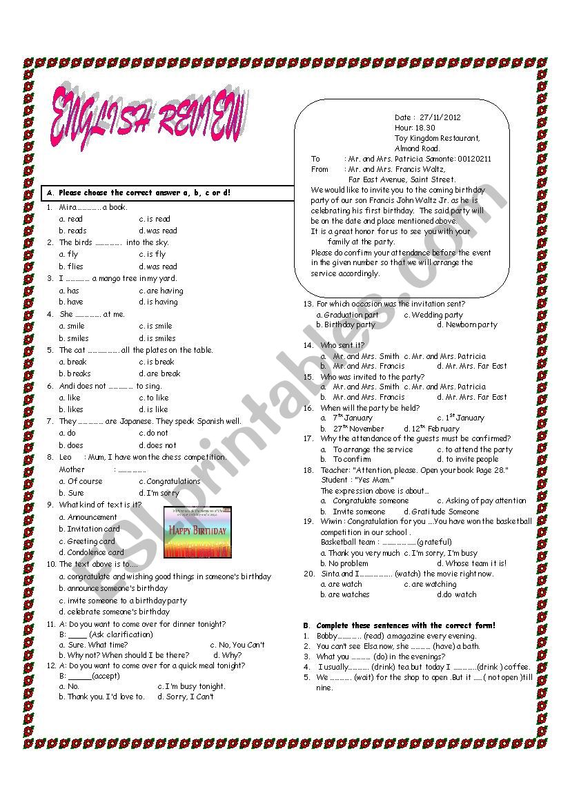 simple present review worksheet