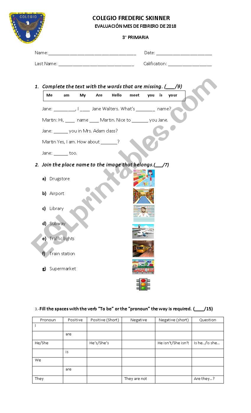 Exam verb to be and places worksheet