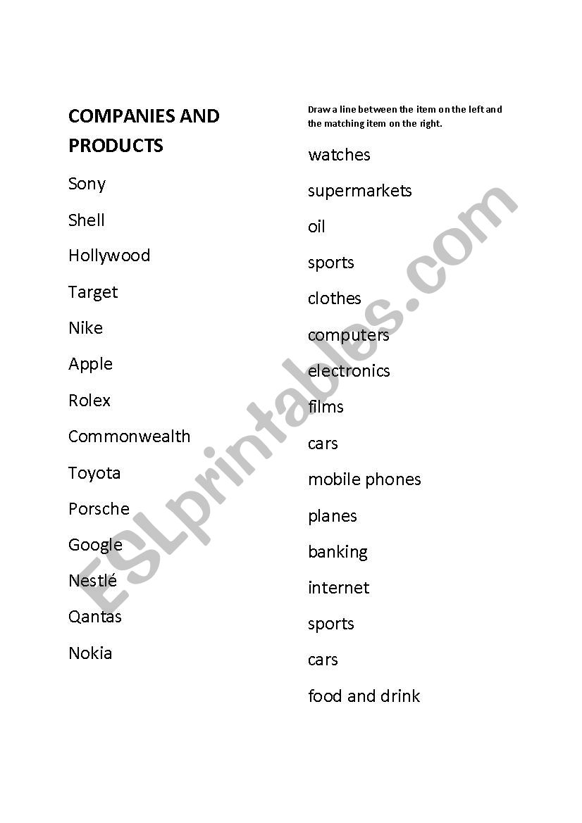 Companies and products worksheet