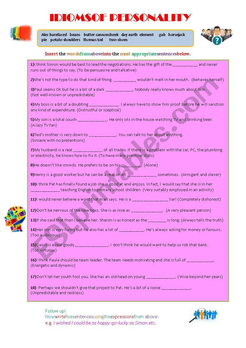 Personality Idioms worksheet