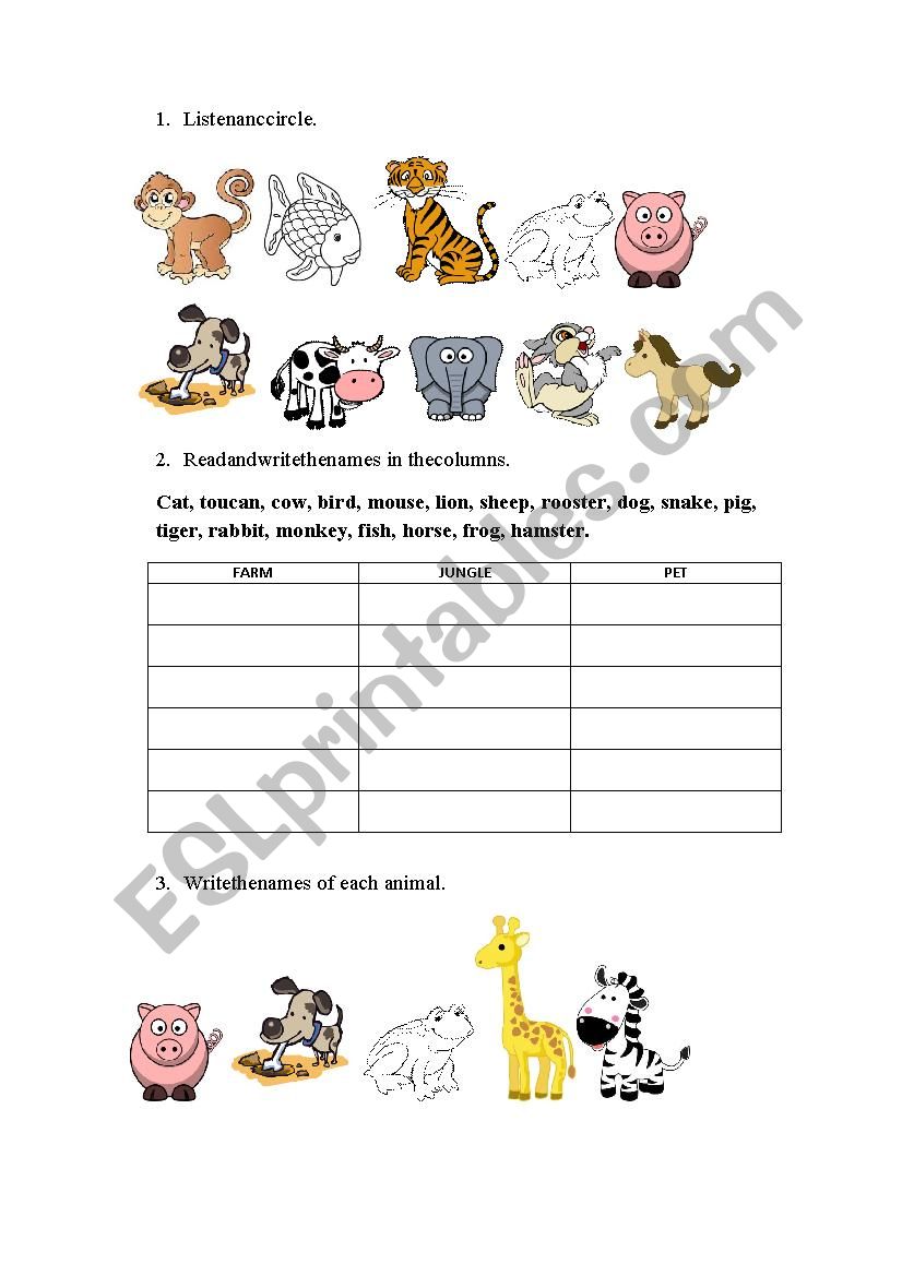 Animals test worksheet
