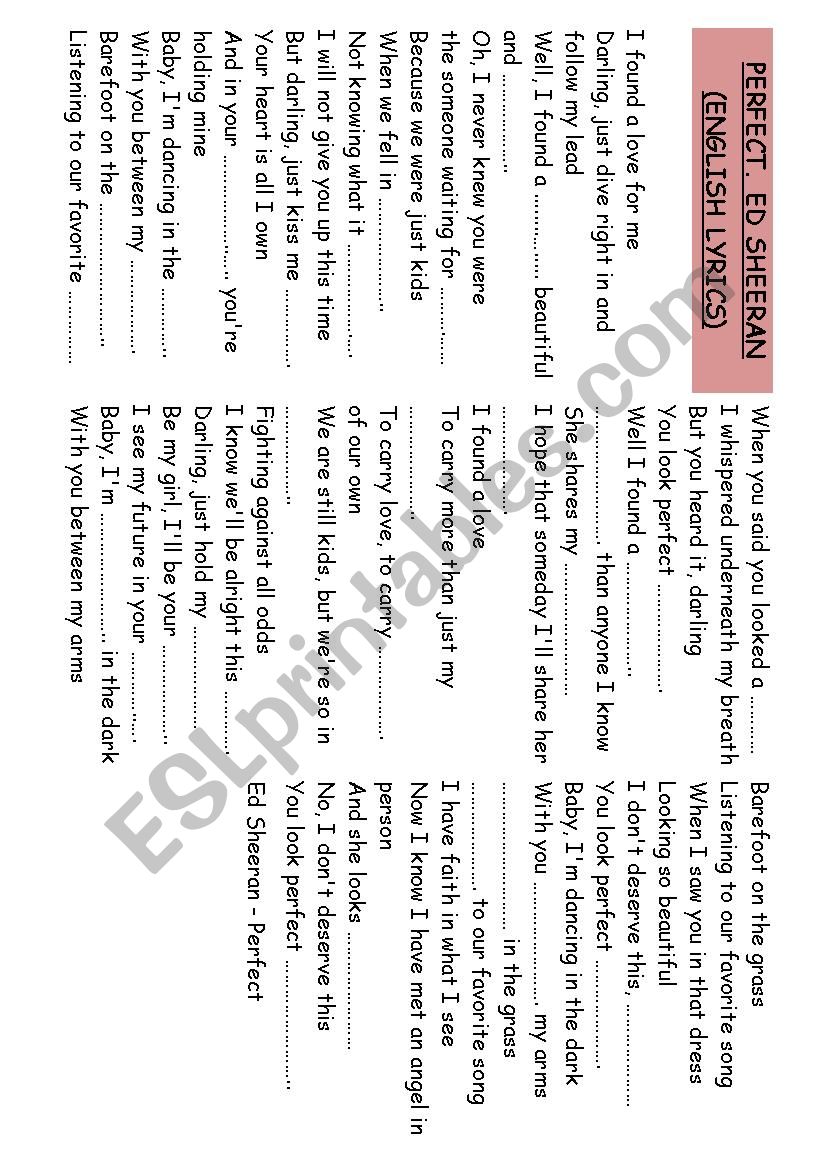 PERFECT SONG. ED SHEERAN worksheet