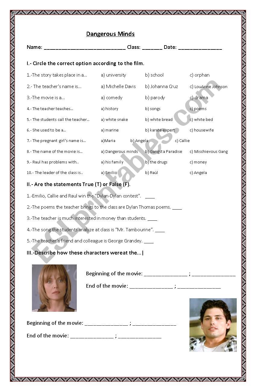 Dangerous Minds Classwork worksheet