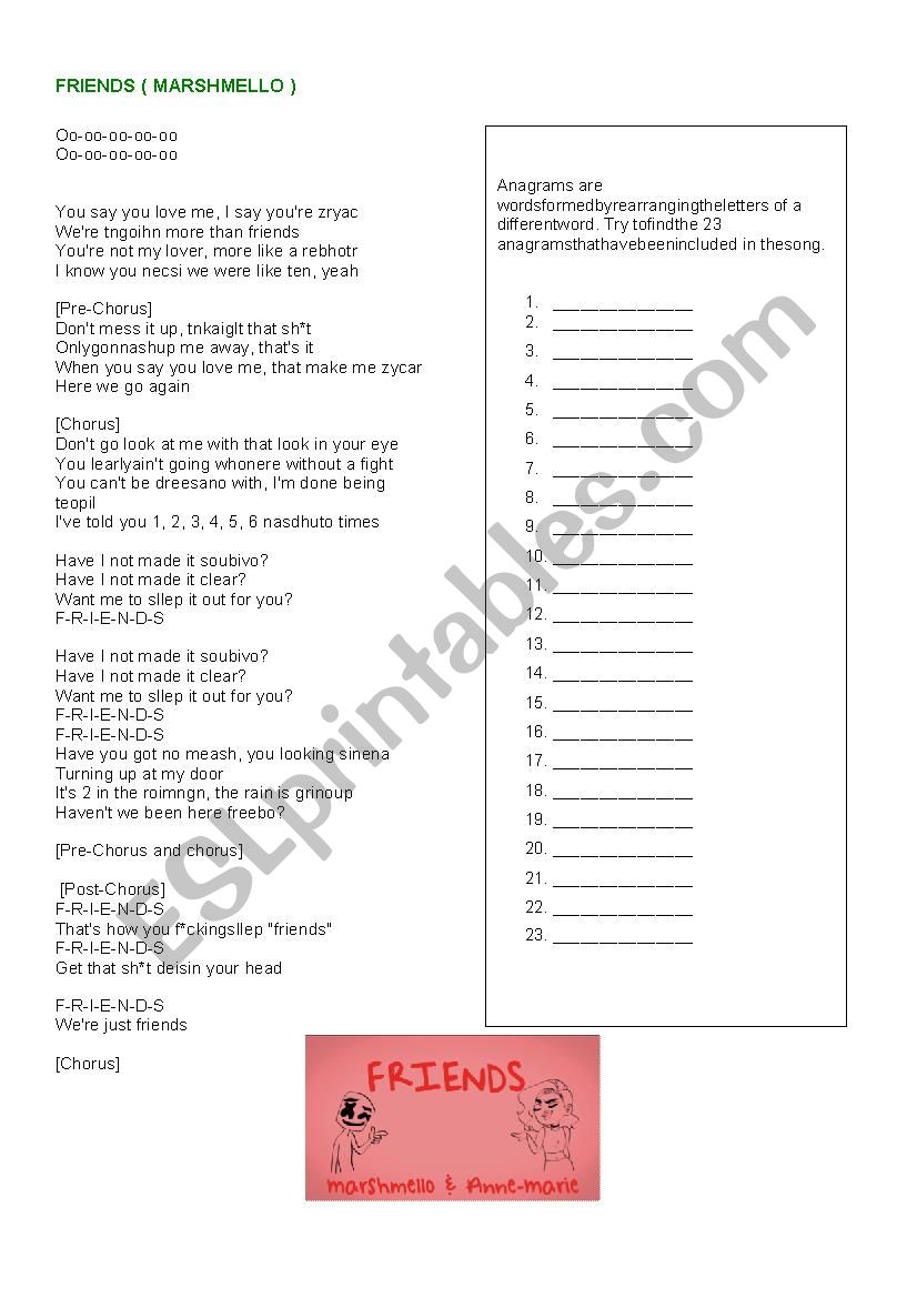 Song: FRIENDS by Marshmello worksheet