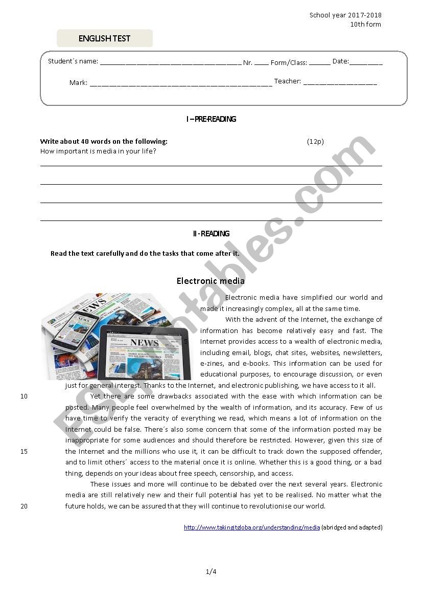 Test on Media 10th form  worksheet