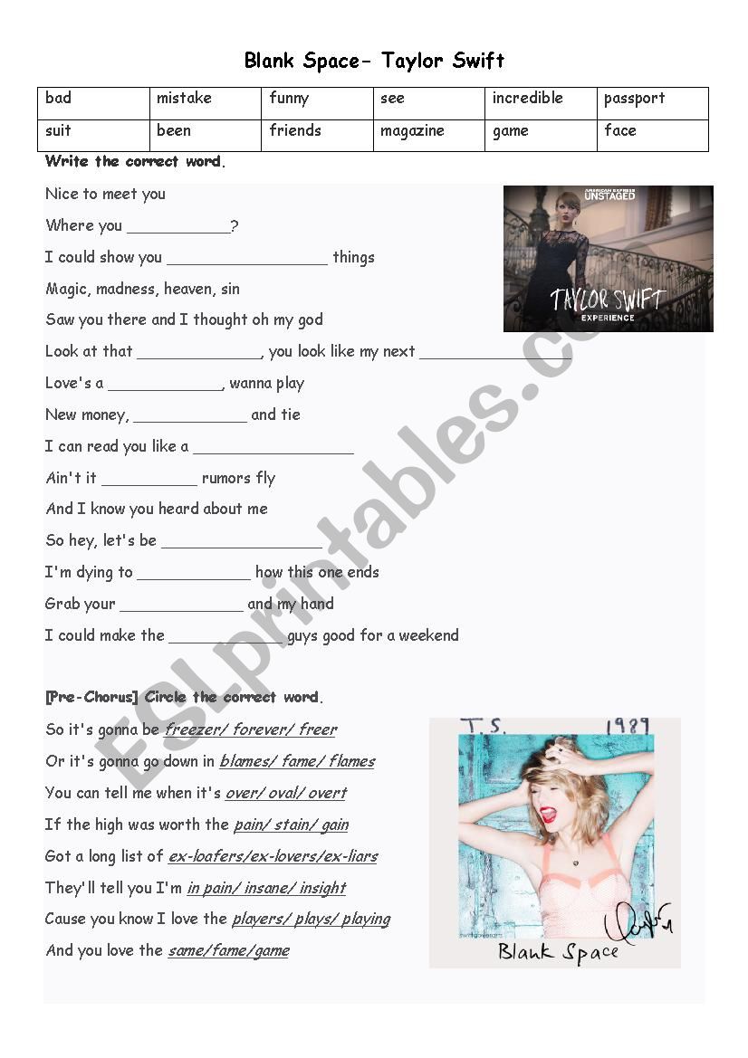 blank space taylor song  worksheet