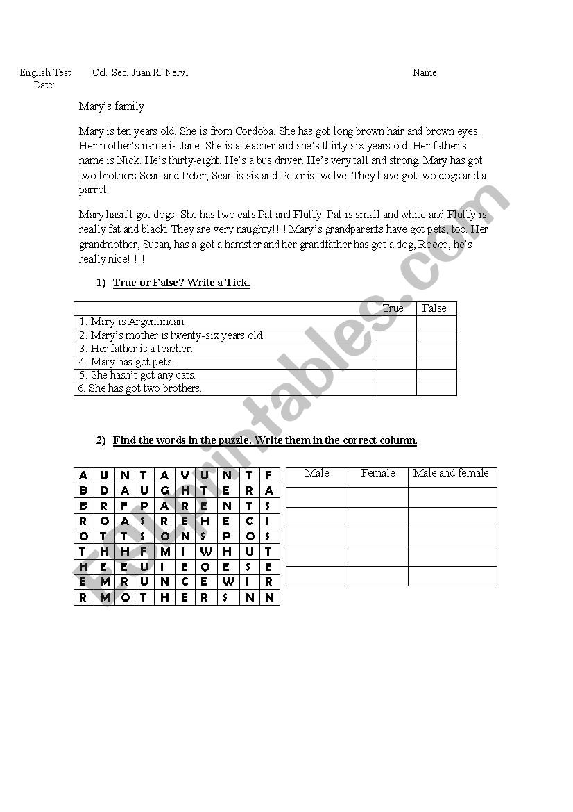 Marys Family worksheet