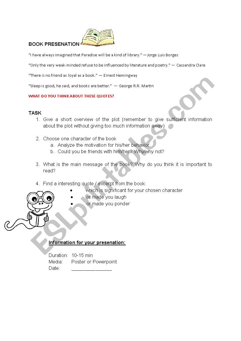 Book presenations worksheet