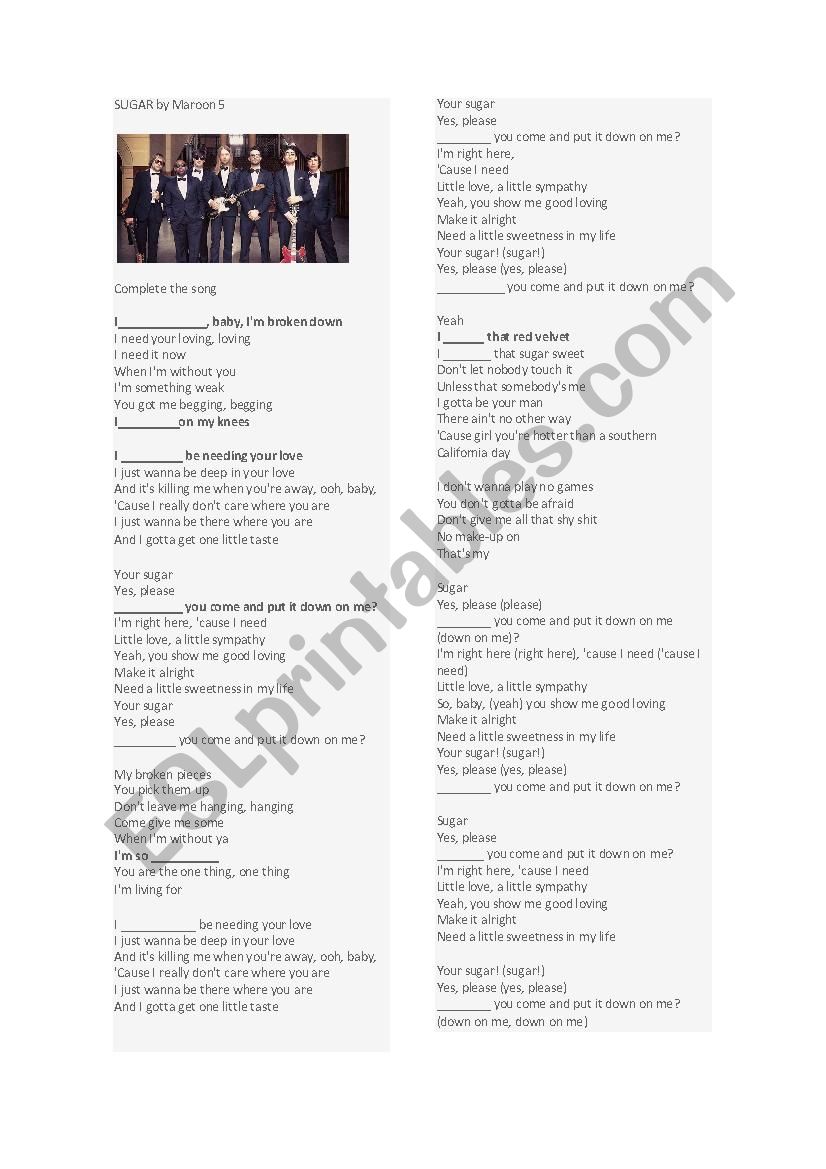 Maroon 5- Sugar worksheet
